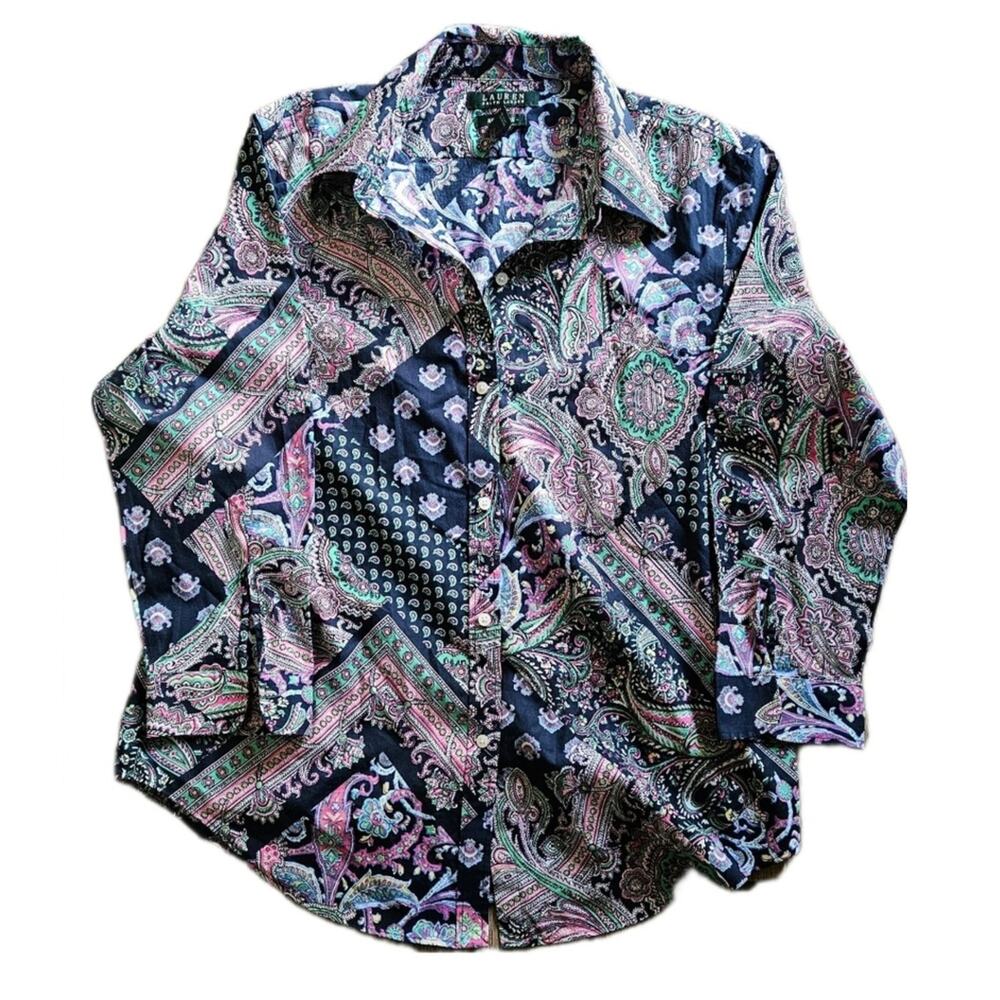 Lauren Ralph Lauren Women Large Paisley Patchwork Button Down Shirt Navy Pink - Picture 4 of 11